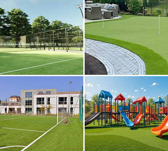 Collage of court turf, putt turf, play turf and sport turf