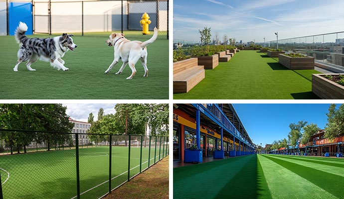 Collage of pet park, office rooftop, court and storefront with artificial turf