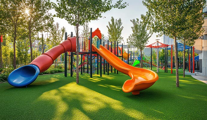 A commercial playground area with colorful play equipments