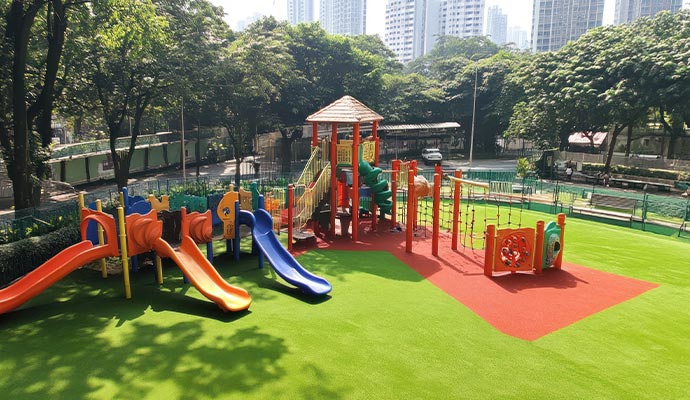 Commercial playground with synthetic playground turf