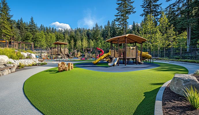 A commercial playground with synthetic turf