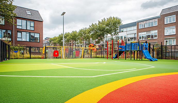 A large commercial playground with colorful synthetic turf