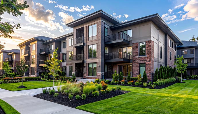 A multifamily house front yard with artificial turf