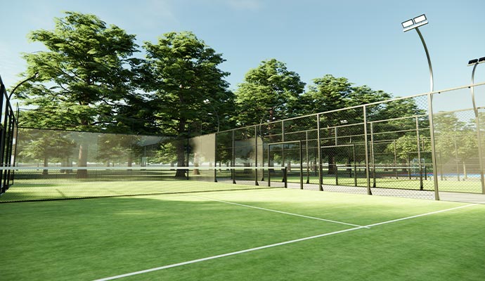 Sports court with artificial turf