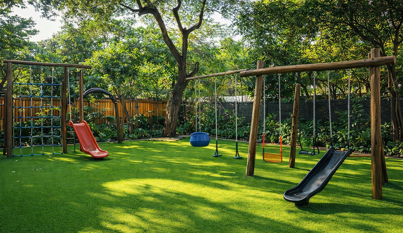 Residential backyard playground with synthetic grass