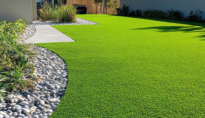 Home backyard with installed artificial turf