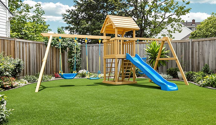A beautiful home playground with synthetic turf