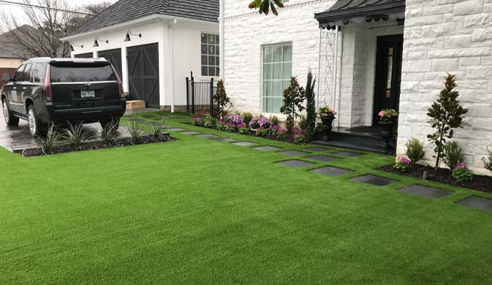 House front-yard with installed artificial turf
