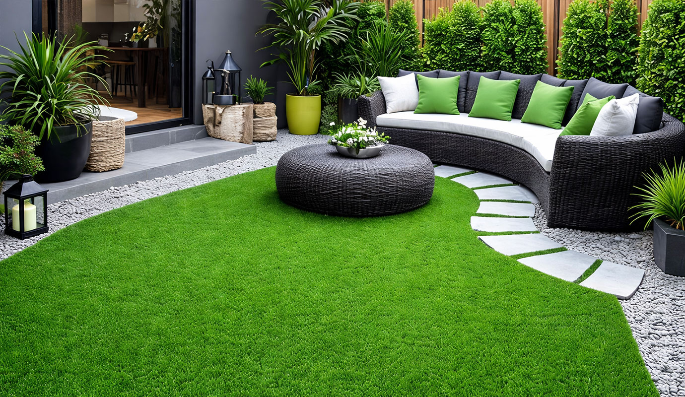 Patio corner with synthetic grass