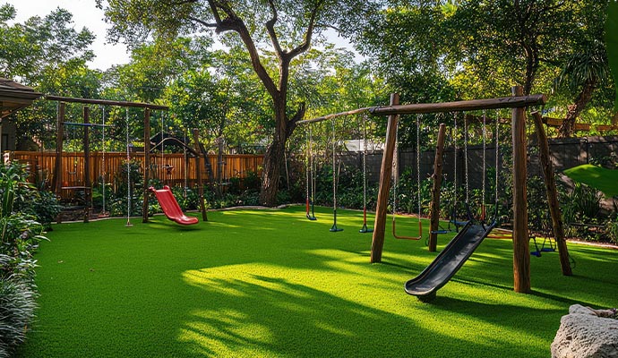 Children’s playground area with installed artificial turf 