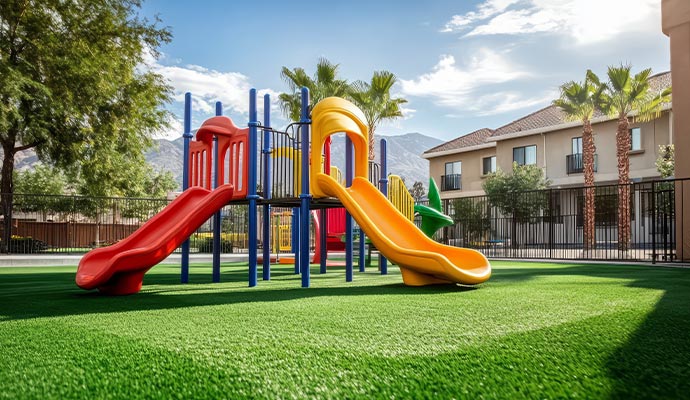 Residential backyard playground area with installed artificial turf