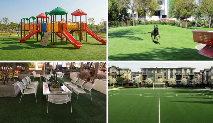 A collage of playground, pet park , sport field and restaurant with artificial grass