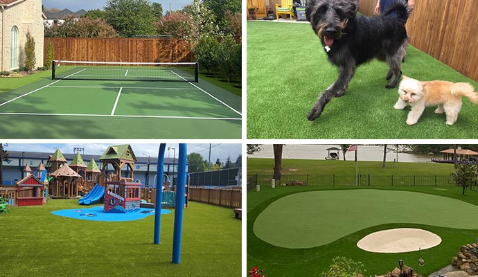 A collage of pickleball court, pet park, playground and residential golf field